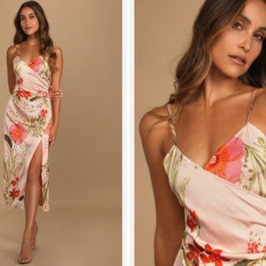 Remarkable Entrance Pink Floral Print Satin Midi Dress Size S NWT